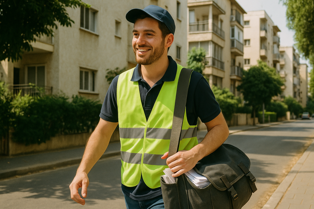גבר צעיר בגיל של אחרי צבא עובד כדוור ביום שמש נעים