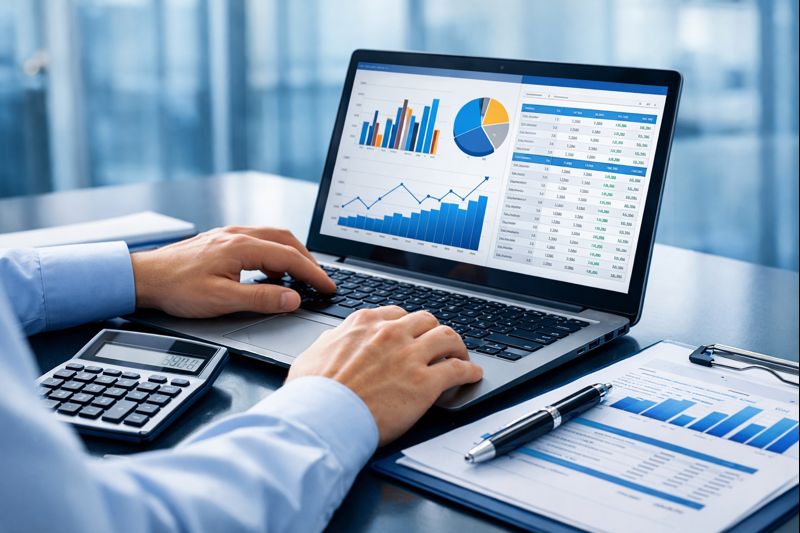 דרושים הנהלת חשבונות, ידיים מקלידות על מחשב עם תוכנה פיננסית. חדר מואר