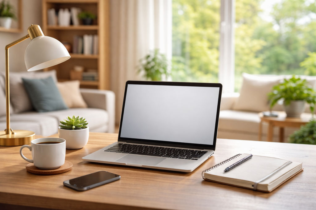 שולחן עבודה עם לפטופ, קפה, שמש מבחוץ לתוך החדר. עבודה רגועה מהבית.