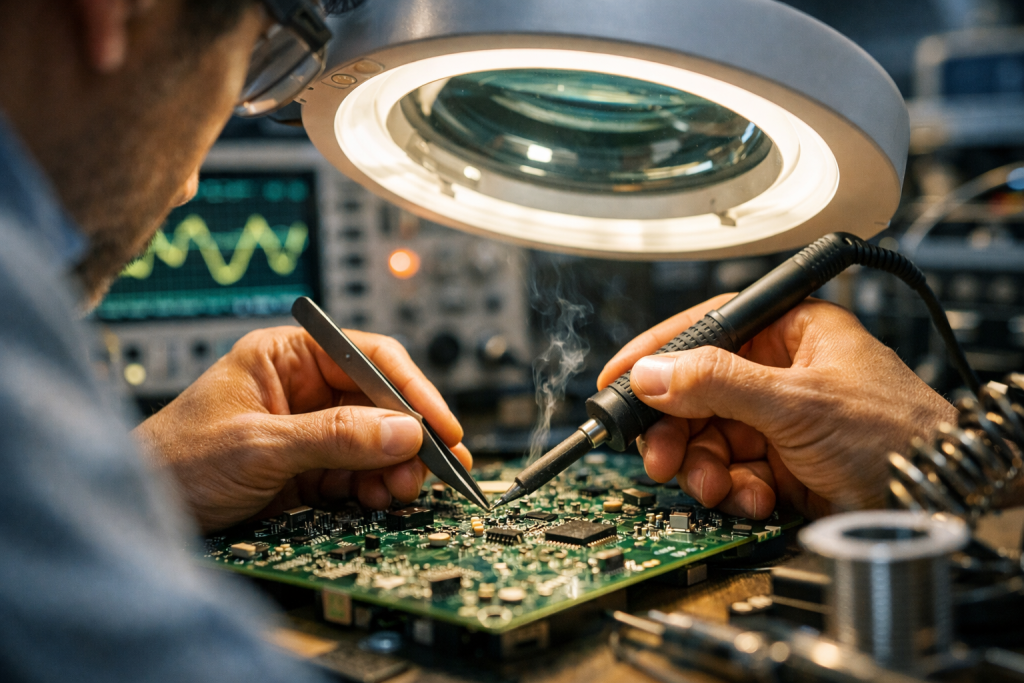 מהנדס אלקטרוניקה עובד על מעגל ירוק