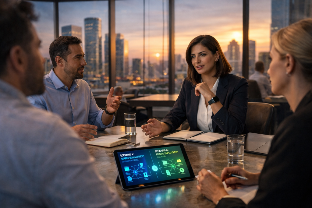 ישיבת הנהלה מתלבטים שירותי העסקה או מיקור חוץ