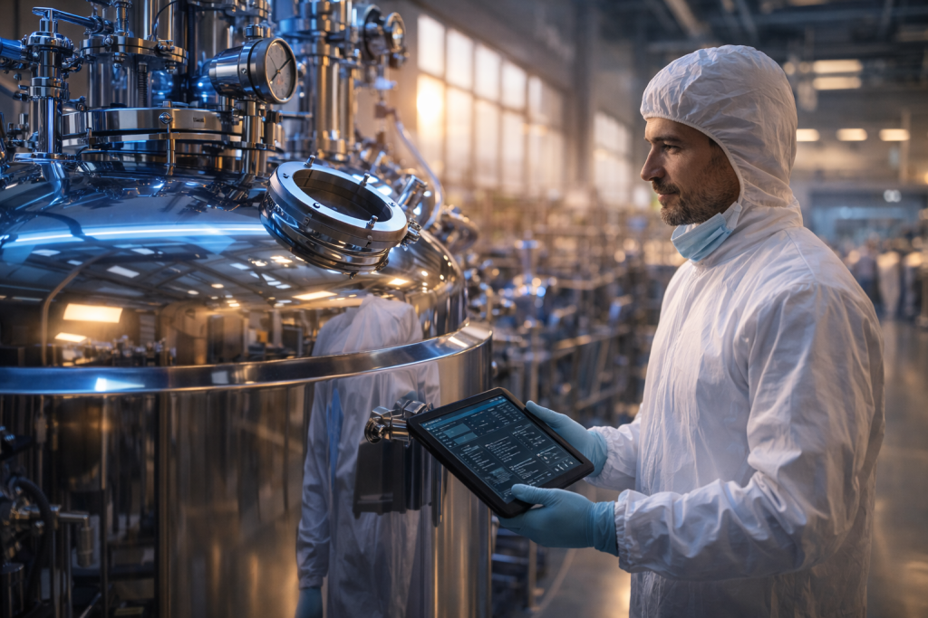 מהנדס ביוטכנולוגיה במעבדה גדולה, ציוד מגן והכל סטרילי